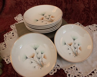 Set of 8 Crooksville China 5.25" Berry or Dessert Bowls - Green and Gold Windfowers on Ivory Background