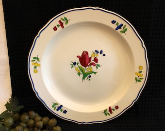 Bon Vivant Faience 12" Cake Plate or Round Platter - Floral Tulip Pattern with Scalloped Blue Rim, Excellent Condition, Made in France