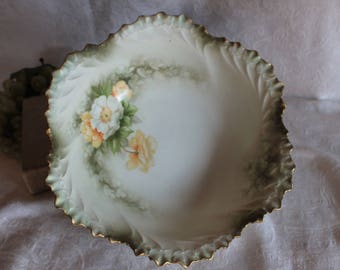 Antique R.S. Prussia 10" Serving Bowl - Moss Green with Yellow and White Flowers, Green Wreath Red Mark, Victorian Era