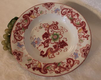 Antique Francis Morley 10" Wide Rimmed Soup Bowl -Red Polychrome Transferware, Ironstone, Aurora Pattern, England