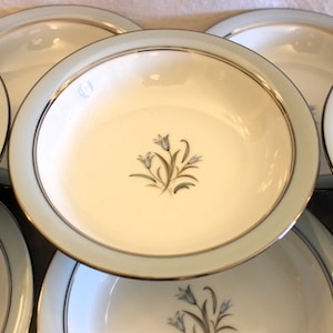 Set of 12 Noritake China 7.5&quot; Soup or Cereal Bowls - Bluebell 5558 Pattern, Floral Center, Pastel Blue & Platinum Rim, Excellent Condition