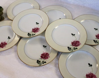 Set of 8 Soko Hand Painted China 6.25" Bread or Dessert Plates - Pink Roses, Ivory Band with Gold Rim