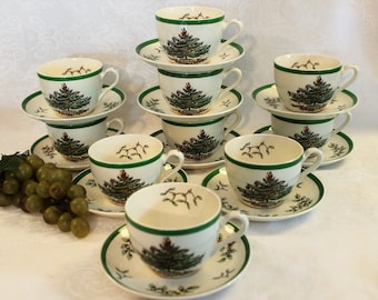 Set of 10 Copeland Spode Tea Cups and Matching Saucers - Vintage, Christmas Tree Pattern, Old Backstamp, S3324