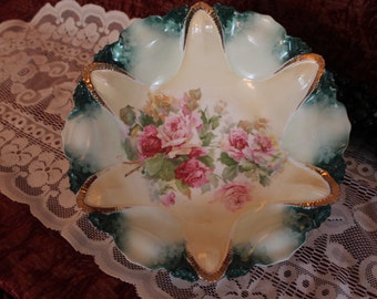 Antique R.S. Prussia Large Serving Bowl - Teal Green and Gold with Pink Roses, Green Wreath Red Mark