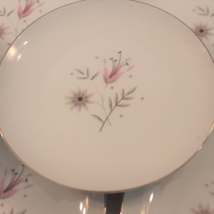 Set of 10 Narumi China 6.5&quot; Bread Plates - Melody 5083 Pattern, White with Pink and Gray Flowers and Platinum Rim, Excellent Condition