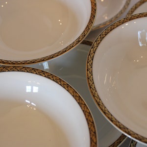 Set of 12 Eamag Bavarian Porcelain 6&quot; Cereal Bowls - 7393, Bright White with Formal Black/Gold Band, Bavaria, Germany, Schonwald
