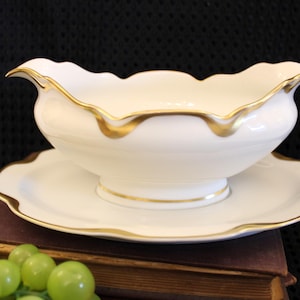 Antique Haviland & Co. Limoges Oval Gravy Boat with Attached Plate - Bright White with Gold Scalloped Rim