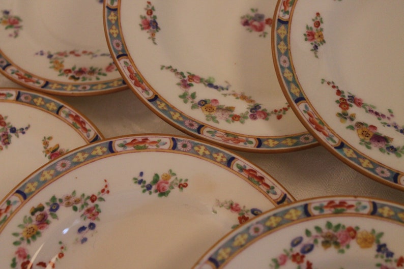 Set of 12 Antique Minton Fine China 6.25 Bread or Dessert Plates Bright Spring Floral Swags with Yellow Rim B806 Circa 1905