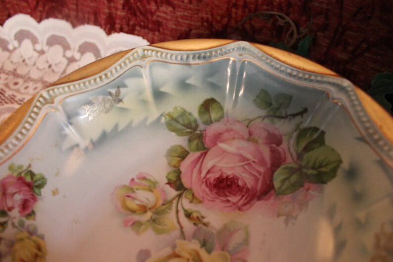 Antique Victorian Serving Bowl with Pink and Yellow Roses and Gold Gilded Rim
