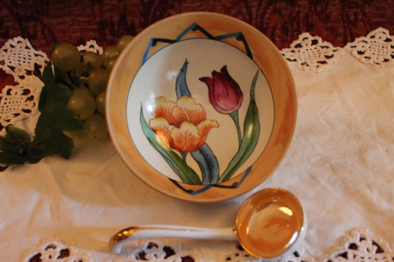 Deco Luster Ware Noritake Mayo or Whipped Cream Bowl with Matching Porcelain Ladle