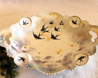 Antique R.S. Prussia Oval Serving Bowl with Bird Medallions - Barn Swallow Birds, Bluebirds