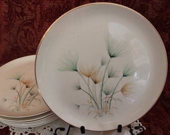 Set of 8 Crooksville China 10.25" Dinner Plates - Green and Gold Windfowers on Ivory Background