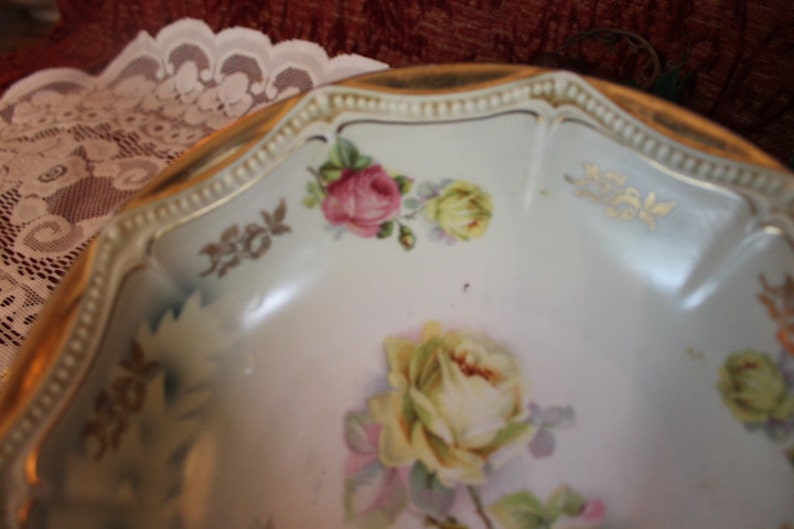 Antique Victorian Serving Bowl with Pink and Yellow Roses and Gold Gilded Rim