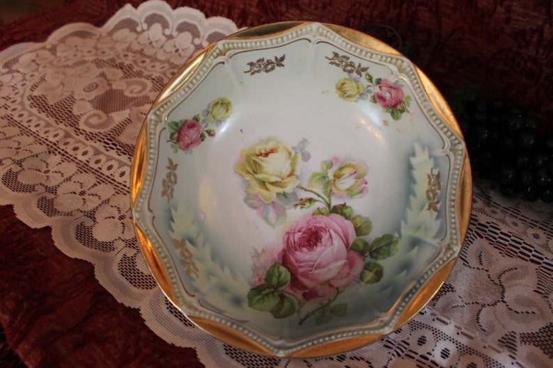 Antique Victorian Serving Bowl with Pink and Yellow Roses and Gold Gilded Rim