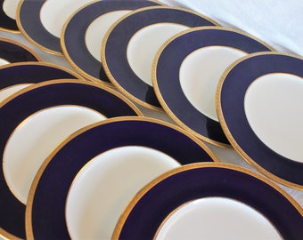 Set of 12 Antique Coalport 9" Luncheon Plates - 6518-M, Ovington Brothers, Cobalt Blue with Gold Encrusted Rim