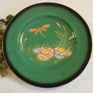 Vintage Carlton Ware English 11&quot; Dinner Plate - Vert Royale, Dragonfly and Lotus Design over Emerald Green Background