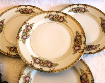 Set of 4 Floral Salad Plates - 7.5" Wide, Flowery Design with Green and Tan Rim, Made in Japan Red Wreath & Shield Mark