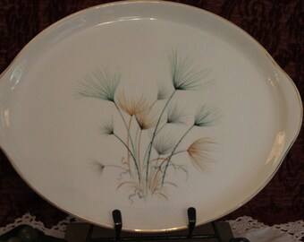 Crooksville China 13.5" Tab Handled Serving Platter - Green and Gold Windfowers on Ivory Background