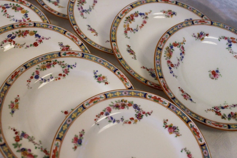 Set of 12 Antique Minton Fine China 6.25 Bread or Dessert Plates Bright Spring Floral Swags with Yellow Rim B806 Circa 1905