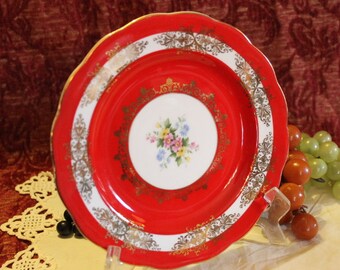 Royal Standard English Salad Plate - Bright Red, White, Gold, Floral