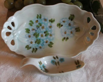 Vintage Hand Painted Porcelain Nut Dish with Matching Scoop - Blue Flowers