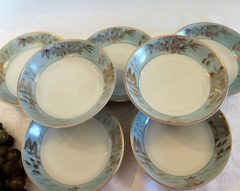 Set of 7 Nagoya Porcelain China 5.5" Fruit or Dessert Bowls - Light Blue Wide Band with Hand Painted Gold Asian Scenery