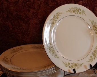 Set of 6 Wedgwood Bone China 11" Dinner Plates - Caroline Pattern, Green Floral