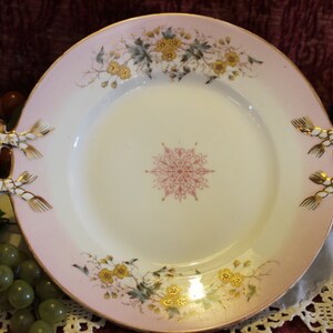 Antique Pink Handled 10.5&quot; Cake Plate with Pink Medallion, Yellow  Flowers, and Gold Tasseled Handled