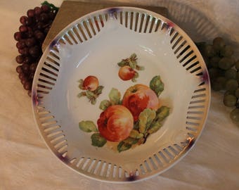 Vintage Schumann German Porcelain Reticulated 9" Bowl with Apples and Purple/Green Lustre Accents