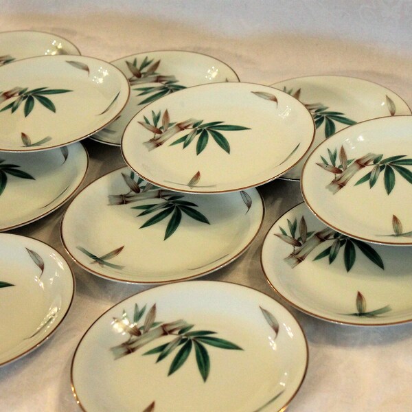 Set of 12 Noritake China 6.25" Bread Plates - Canton 5027 Pattern, White with Green Bamboo and Gold Rim, Excellent Condition