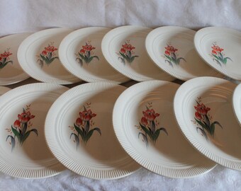 Set of 12 Victory by Salem China Company 9.5" Luncheon or Dinner Plates - Orange Red Tulips