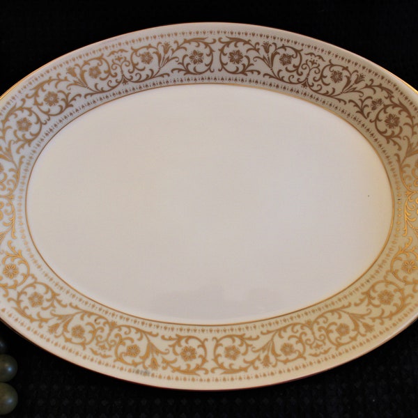 Fashion Manor 14" Serving Platter - Monette Pattern, Gold Filigree Scroll Flower Rim, Made in Japan