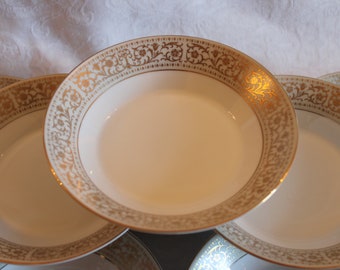 Set of 8 Fashion Manor 6" Dessert or Fruit Bowls - Monette Pattern, Gold Filigree Scroll Flower Rim, Made in Japan, Excellent Condition