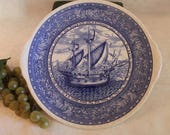 1992 Blue Transfer Christopher Columbus 500th Anniversary 10.5 quot Cake or Cookie Plate - Looks Brand New