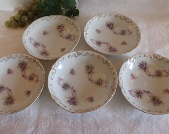 Set of 5 Antique White Porcelain 5.5" Bowls with Gold Bows and Purple Flowers