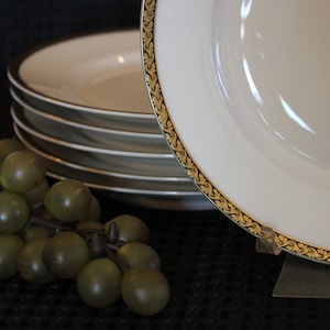 Set of 12 Eamag Bavarian Porcelain 7.5&quot; Salad Plates - 7393, Bright White with Formal Black/Gold Band, Bavaria, Germany, Schonwald
