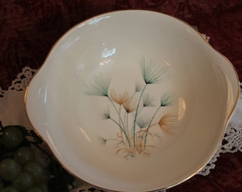Crooksville China 9.25" Tab Handled Serving Bowl - Green and Gold Windfowers on Ivory Background