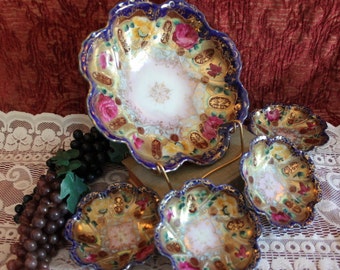 Antique Cobalt Blue, Gold, and Pink Rose Berry Bowl Serving Set - Service for 4, Unmarked Porcelain