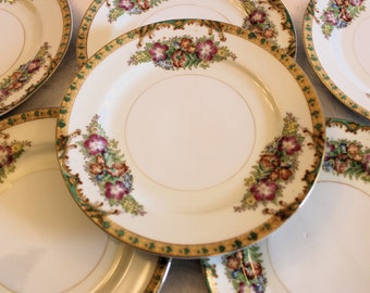 Set of 6 Floral Bread Plates - 6.25" Wide, Flowery Design with Green and Tan Rim, Made in Japan Red Wreath & Shield Mark