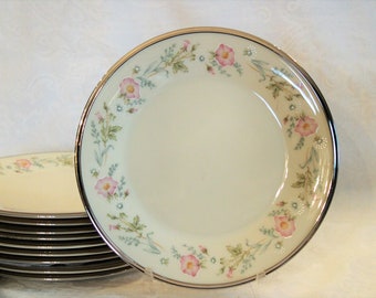 Set of 10 Lenox 8" Salad Plates - Flirtation Pattern with Platinum Band, Pastel Floral over Cream Color Porcelain