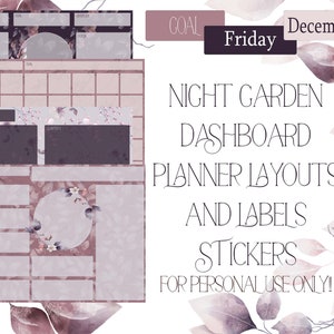 Könnte beinhalten: Druckbare Planer-Dashboard-Layouts mit floralen Designs in Rosa- und Lilatönen. Der Text "NIGHT GARDEN DASHBOARD PLANNER LAYOUTS AND LABELS STICKERS FOR PERSONAL USE ONLY!" wird auf dem Bild angezeigt.