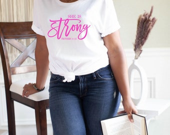 She is Strong Graphic T-shirt | Faith T-shirt, Christian T-shirt, Religious T-shirt, Faith, Jesus, Faith Shirt, Bible Verse Shirt