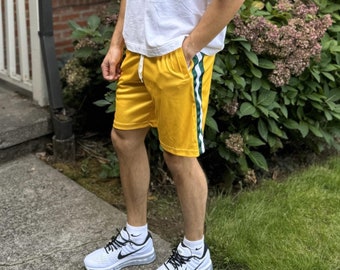 Triple Threat Men's Mesh Shorts (Gold with Green and White Stripes)