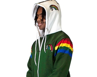 May include: A green hooded sweatshirt with a white hood and rainbow stripes on the sleeves and pants. The sweatshirt has a rainbow logo with the letters "UH" on the front and back.
