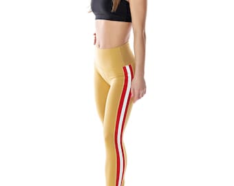 Triple Threat Striped Women's Full Length Yoga Pant Leggings (Gold)