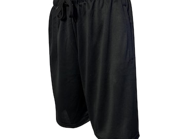 May include: Black athletic shorts with a drawstring waistband and side pockets. The shorts are made of a breathable, mesh-like fabric, suitable for sports and casual wear. The shorts are knee-length.