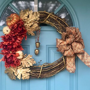 The Gilded (Metallic Gold) Pumpkin, Mum & Oak Leaf (Orange Flower) Rustic Fall Wreath