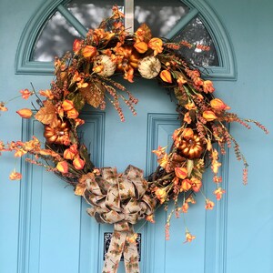 The Gilded (Metallic Gold) Pumpkin & Chinese Lantern (Orange Flower) Rustic Fall Wreath