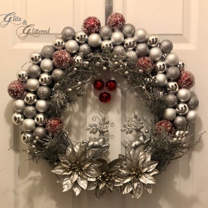 The Ashley: On Dasher, On Dancer! Silver & Red Ornament Christmas Wreath