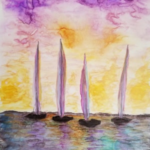 Orginal Painting of Four Sailboats at Sea at Sunset